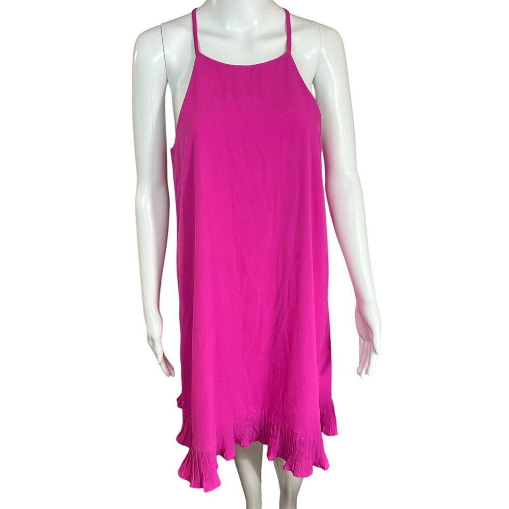NWT She + Sky Pleated Hem Halter Dress Fuchsia Pink Size M Keyhole Midi Preppy